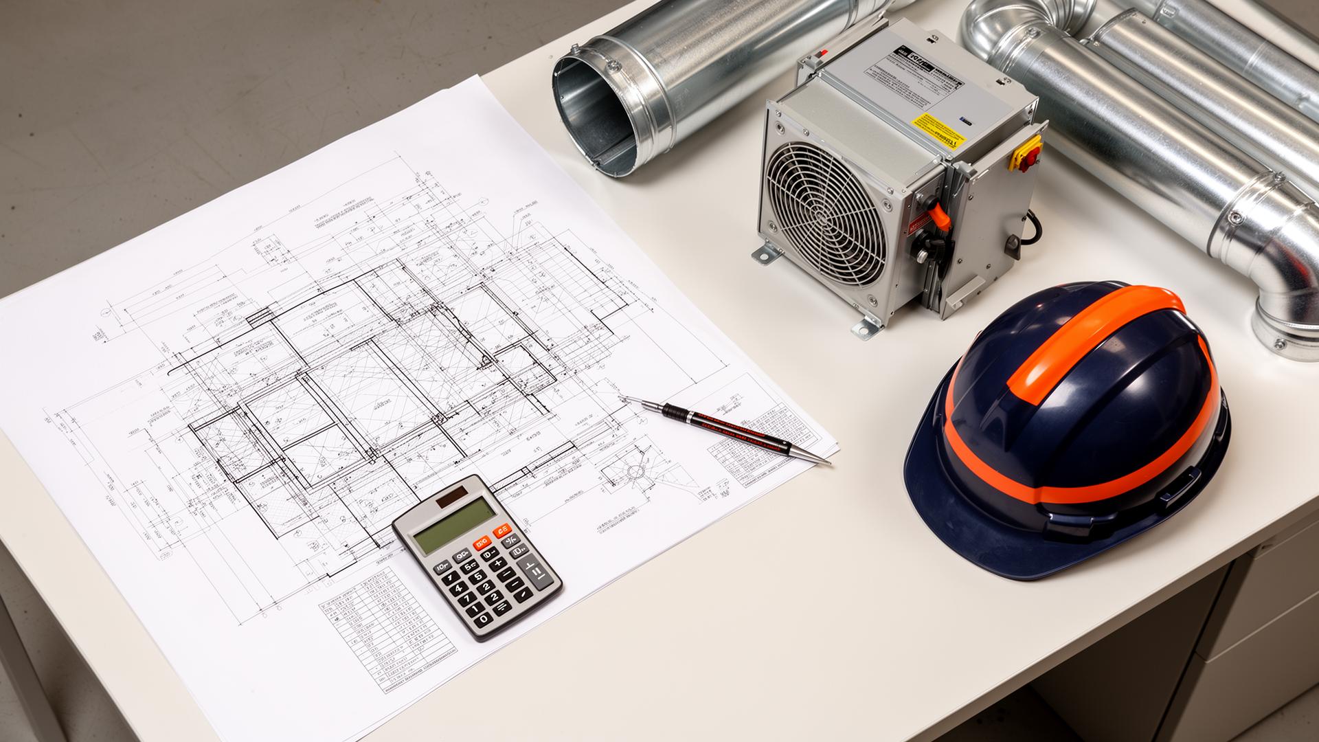 Engineering desk with duct, calculator and shop drawings